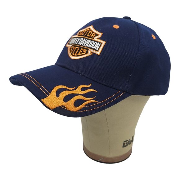 Harley Davidson Strapback Cap Biker Trucker Baseball Hat Blue Orange Flames - Picture 2 of 12